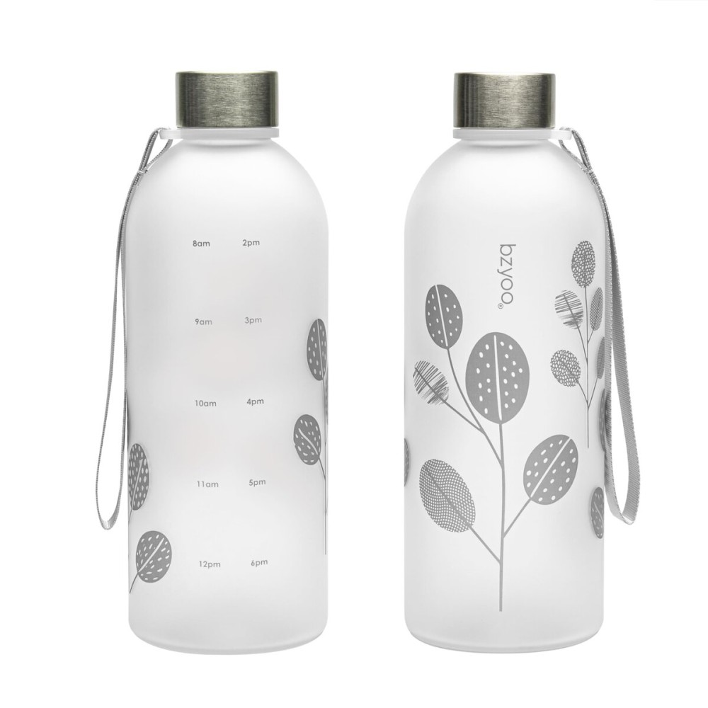 bzyoo 32oz 1 Liter Clear Water Bottle with Time Marker, Leaf Design, Durable Plastic, BPA-Free, Reusable with Measurement Markings for Fitness and Outdoor Activities (Color: Silver)