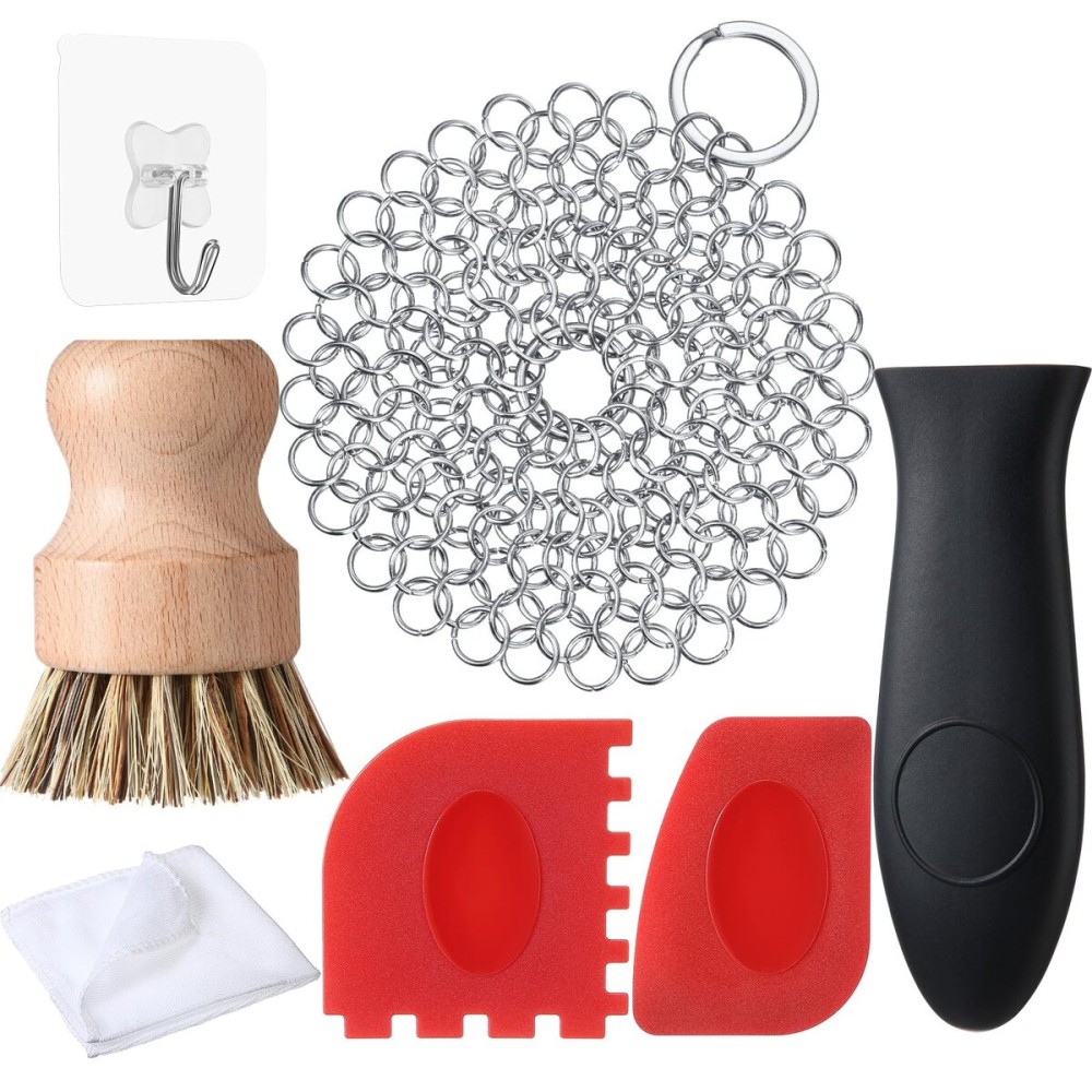 Patelai 7 Pieces Cast Iron Cleaner Set Include Stainless Steel Chainmail Scrubber with Bamboo Dish Scrub Brush Hot Handle Holder 2 Pan Grill Scrapers Kitchen Towel Wall Hook (Classic Color)