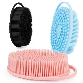 3 PCS Soft Silicone Body Scrubber,Silicone Body Shower,Silicone Loofah 2 in 4 Bath and Shampoo Brush, Body Scrubber Shower Cleaning Exfoliating Use,Lather Well, Black,Pink,Blue