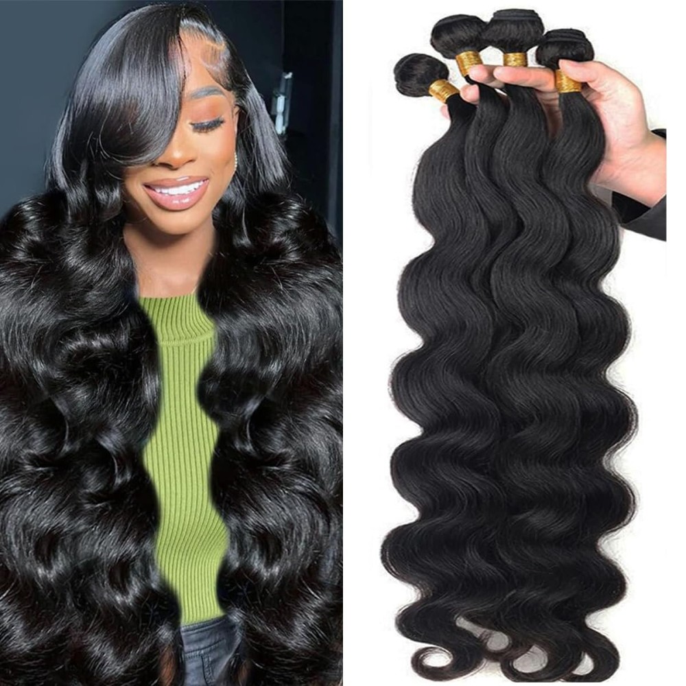 Katspon 12A Human Hair Bundles 18 20 22 24 Inch Body Wave Bundles 100% Unprocessed Brazilian Virgin Hair 4 Bundles Human Hair Extensions Quick Weave Human Hair Natural Black