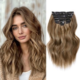 NAYOO Clip in Hair Extensions for Women 14 Inch Short Wavy Curly Brown Mix Blonde Hairpieces Full Head Synthetic Hair Hairpieces (6PCS, Brown Mix Blonde)
