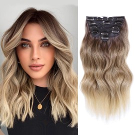 NAYOO Clip in Hair Extensions for Women 14 Inch Short Wavy Curly Ombre Brown to Blonde Hairpieces Full Head Synthetic Hair Hairpieces(6PCS,Ombre Brown to Blonde)