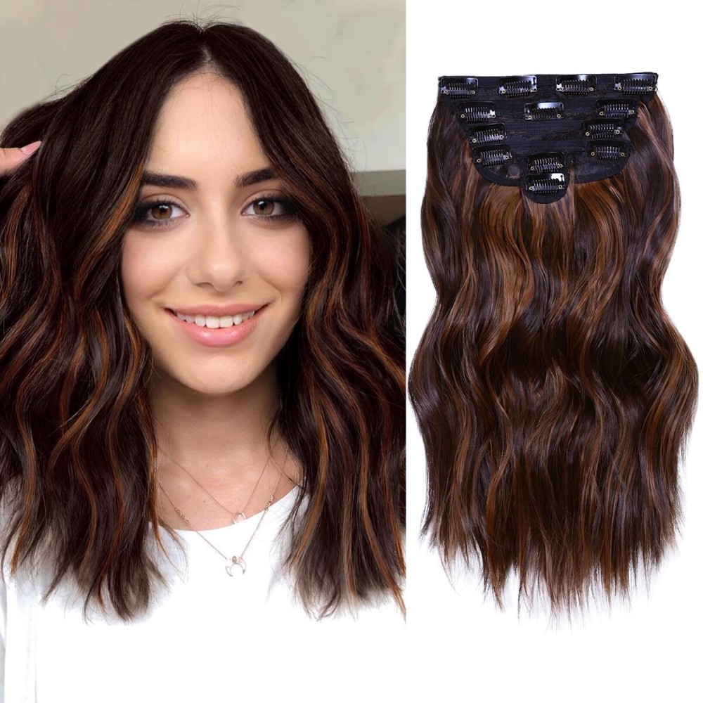 NAYOO Clip in Hair Extensions for Women 14 Inch Short Wavy Curly Auburn Mix Chestnut Hairpieces Full Head Synthetic Hair Hairpieces(6PCS,Auburn Mix Chestnut)