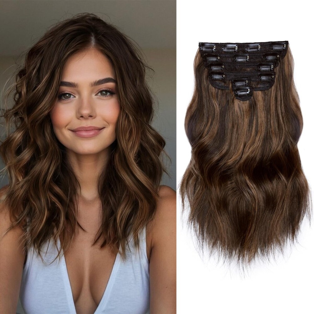 NAYOO Clip in Hair Extensions for Women 14 Inch Short Wavy Curly Dark Brown Mix Chestnut Hairpieces Full Head Synthetic Hair Hairpieces (6PCS, Dark Brown Mix Chestnut)