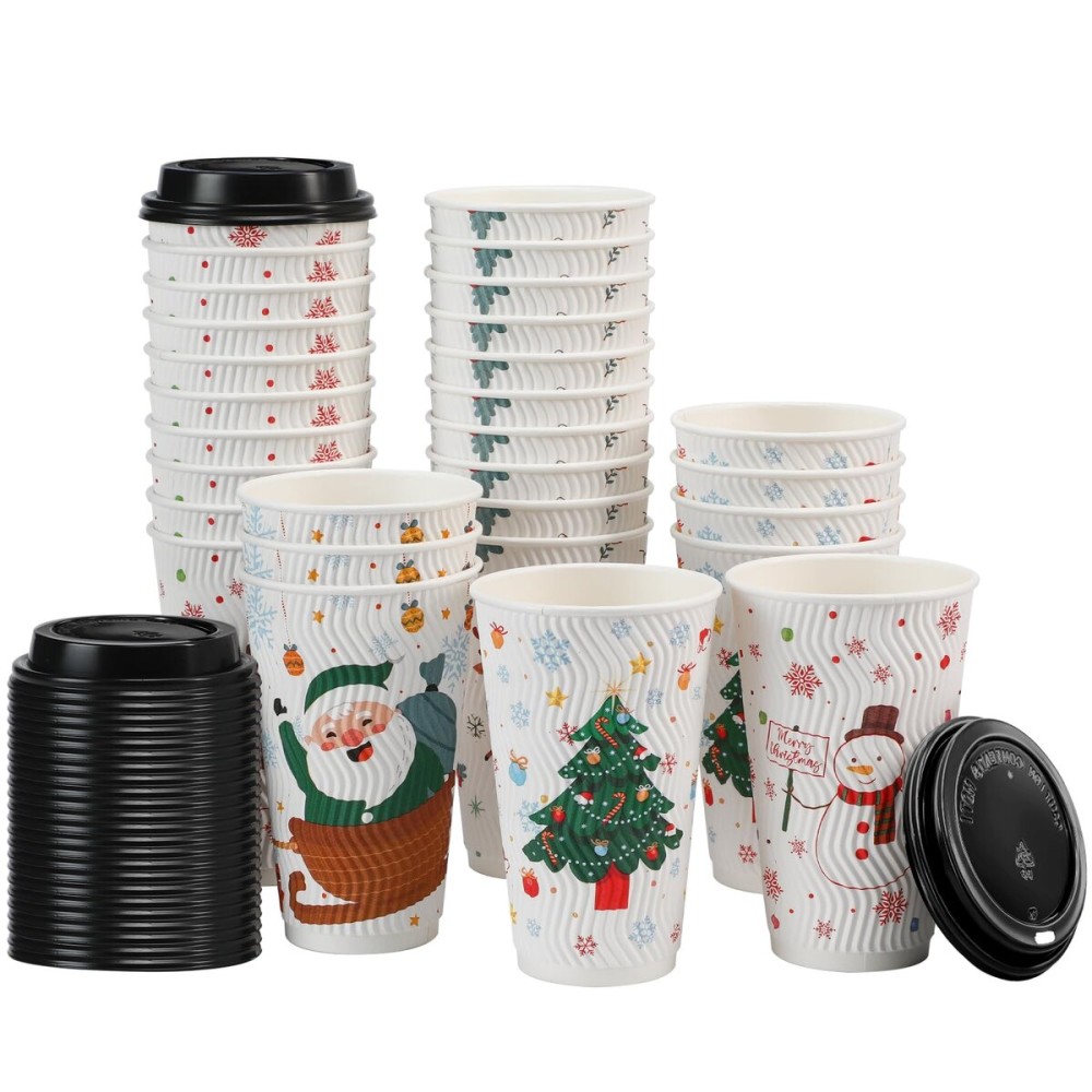 BYSNOW 100 Count Christmas Paper Cups, Xmas 16 oz DisposableCoffee Cups Snowflake Santa Snowman Elk Christmas(16oz 100Count)