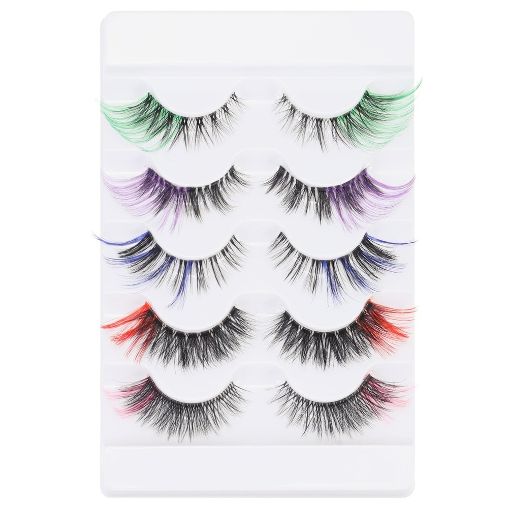 Outopen 5 Pairs Colored False Eyelashes - Long, Colorful Lashes with Clear Band - 3D Thick, Wispy Volume for Halloween Cosplay