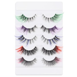 Outopen 5 Pairs Colored False Eyelashes - Long, Colorful Lashes with Clear Band - 3D Thick, Wispy Volume for Halloween Cosplay