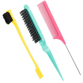 Geiserailie 3 Pcs Slick Back Hair Brush Set Bristle Brush Edge Control Teasing Comb for Women Black Hair(Yellow,Pink,Cyan)
