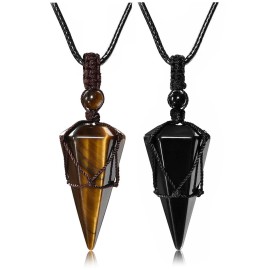 Top Plaza 2pcs Black Obsidian Tiger Eye Healing Crystal Stone Necklace for Women Men 6 Facet Pointed Pendant Necklaces Adjustable Natural Gemstone Necklace Reiki Quartz Jewelry Healing Gifts