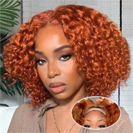 omswet Curly BOB Wig Human Hair 200 Density 5x5 HD Lace Closure Deep Wave Wigs for Black Women Glueless Wear and Go Pre Plucked Deep Wave Wet and Wavy Glueless Wigs Human Hair Ginger 12 Inch