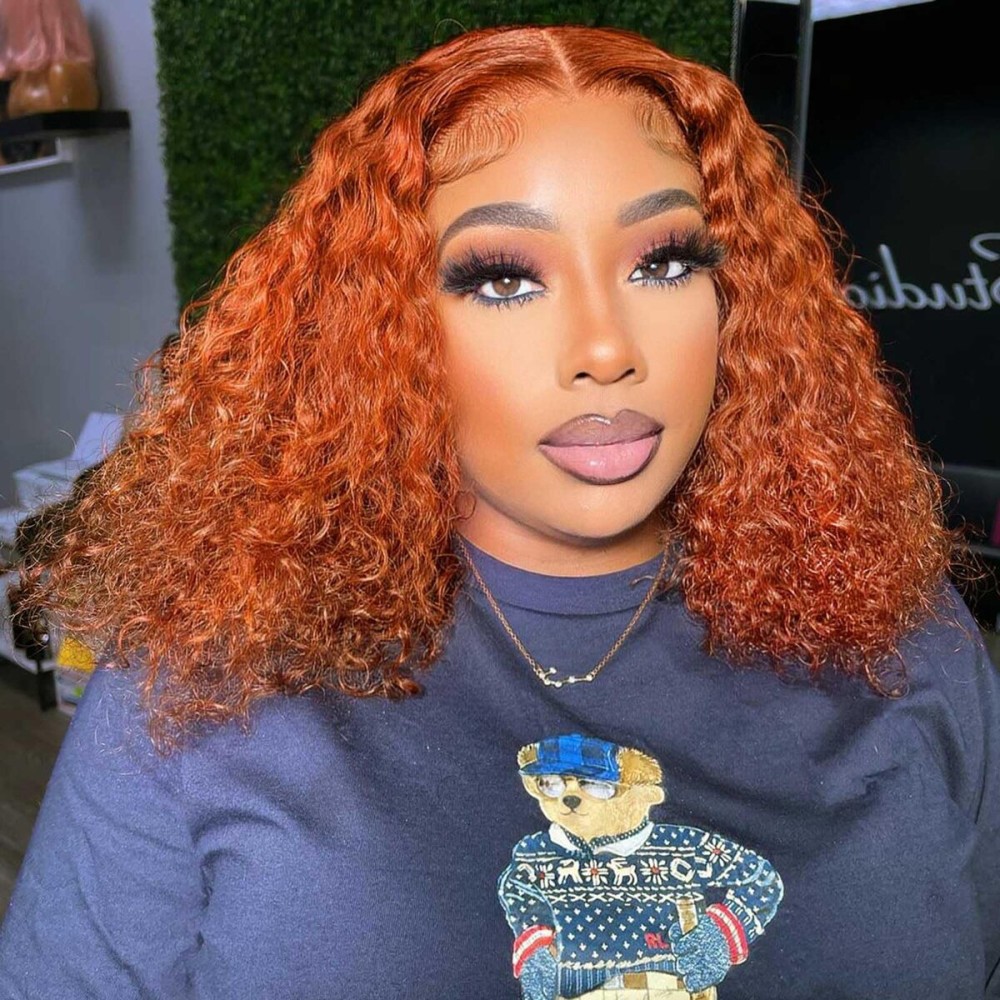 omswet Curly BOB Wig Human Hair 200 Density 5x5 HD Lace Closure Deep Wave Wigs for Black Women Glueless Wear and Go Pre Plucked Deep Wave Wet and Wavy Glueless Wigs Human Hair Ginger 14 Inch