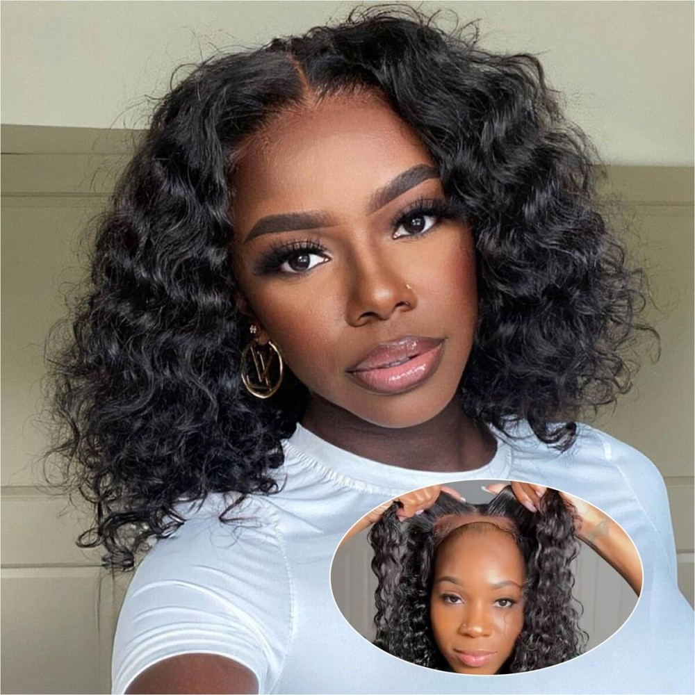 omswet Curly BOB Wig Human Hair 200 Density 5x5 HD Lace Closure Deep Wave Wigs for Black Women Glueless Wear and Go Pre Plucked Deep Wave Wet and Wavy Glueless Wigs Human Hair Natural Black 10 Inch