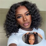 omswet Curly BOB Wig Human Hair 200 Density 5x5 HD Lace Closure Deep Wave Wigs for Black Women Glueless Wear and Go Pre Plucked Deep Wave Wet and Wavy Glueless Wigs Human Hair Natural Black 10 Inch