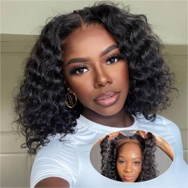 omswet Curly BOB Wig Human Hair 200 Density 5x5 HD Lace Closure Deep Wave Wigs for Black Women Glueless Wear and Go Pre Plucked Deep Wave Wet and Wavy Glueless Wigs Human Hair Natural Black 10 Inch