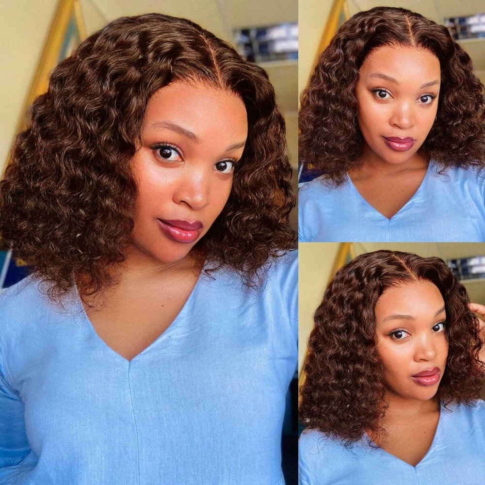 omswet Curly BOB Wig Human Hair 200 Density 5x5 HD Lace Closure Deep Wave Wigs for Black Women Glueless Wear and Go Pre Plucked Deep Wave Wet and Wavy Glueless Wigs Human Hair Chocolate Brown 12 Inch