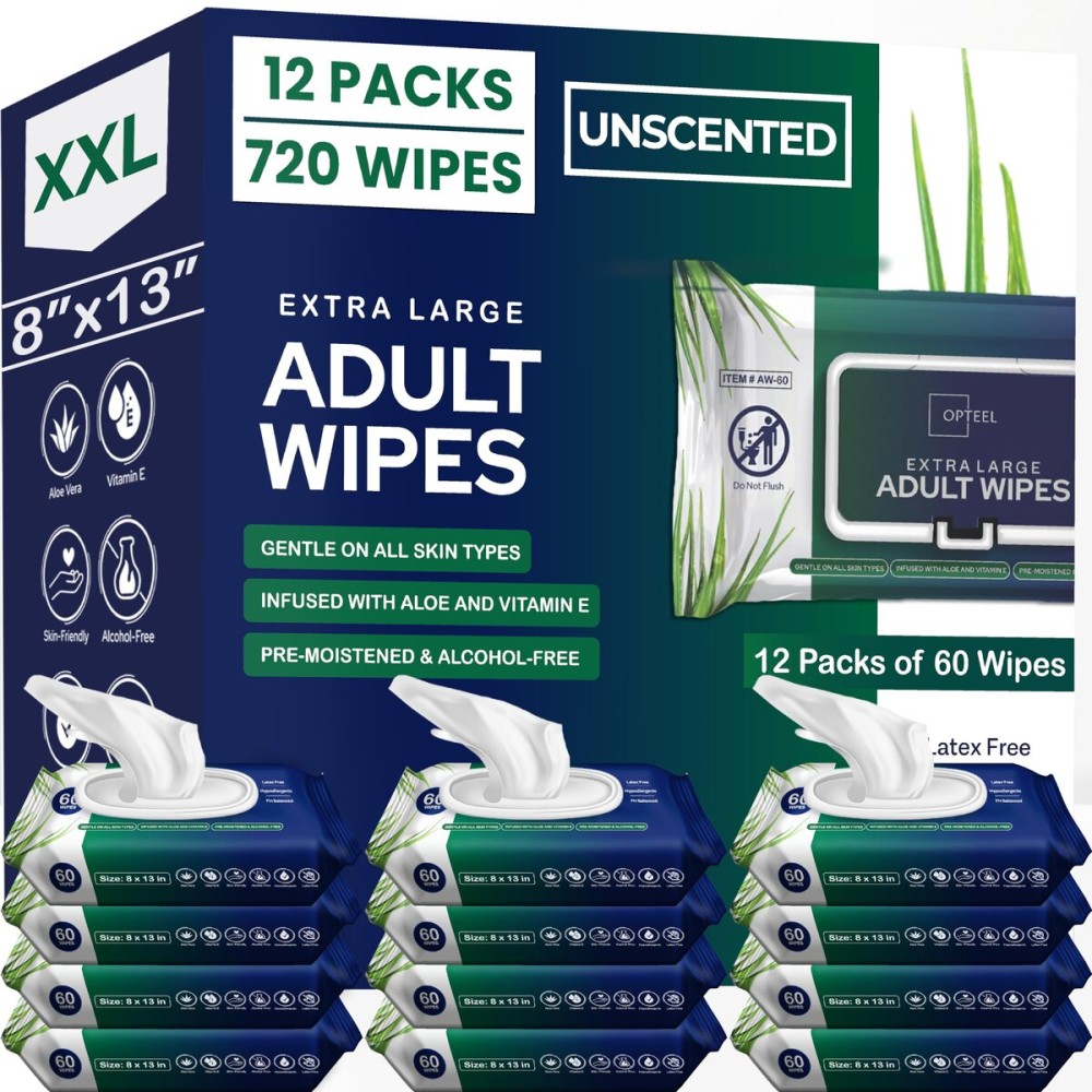 OPTEEL Adult Wipes For Elderly - 8x13 Extra Large & Soft Wet Wipes for Adults Bathing - Incontinence Disposable Washcloths, Vitamin E & Aloe Infused for Men & Women 720ct (12 Packs of 60)