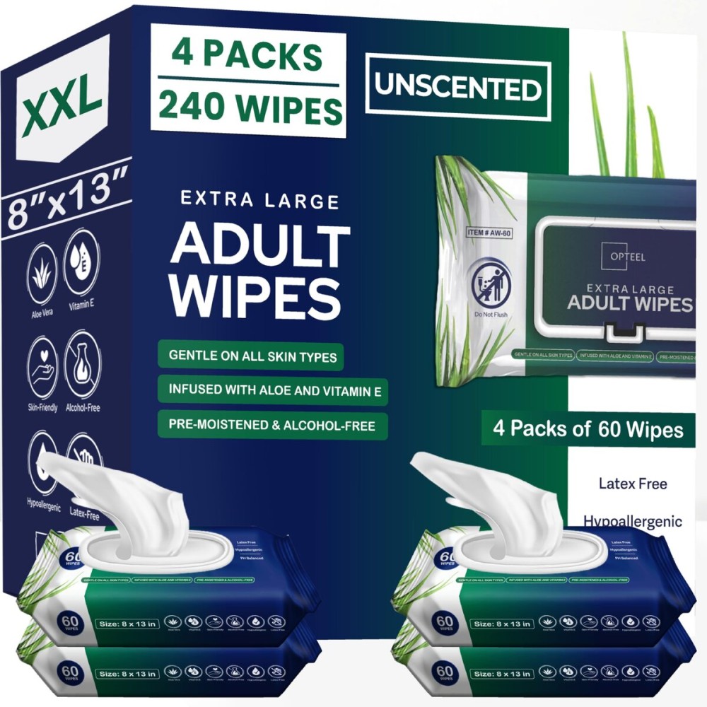 OPTEEL Adult Wipes For Elderly - 8x13 Extra Large & Soft Wet Wipes for Adults Bathing - Incontinence Disposable Washcloths, Vitamin E & Aloe Infused for Men & Women 240ct (4 Packs of 60)