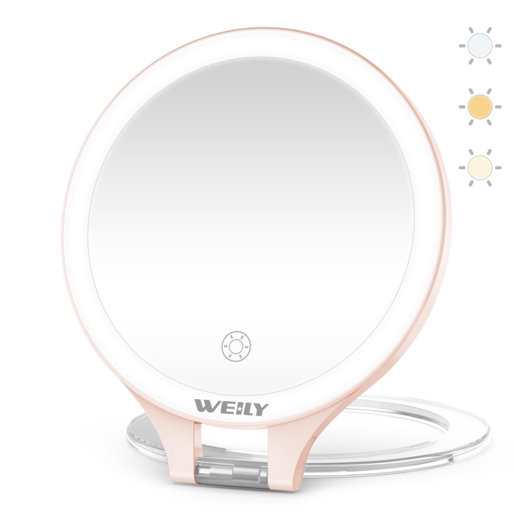 WEILY Magnifying Mirror with Light, 10X/1X Magnification Double-Sided Travel Makeup Mirror, with 3 Color Lights, Touch Control, Rechargeable Portable Mirrors for Bedroom, Bathroom (Pink)
