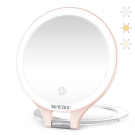 WEILY Magnifying Mirror with Light, 10X/1X Magnification Double-Sided Travel Makeup Mirror, with 3 Color Lights, Touch Control, Rechargeable Portable Mirrors for Bedroom, Bathroom (Pink)