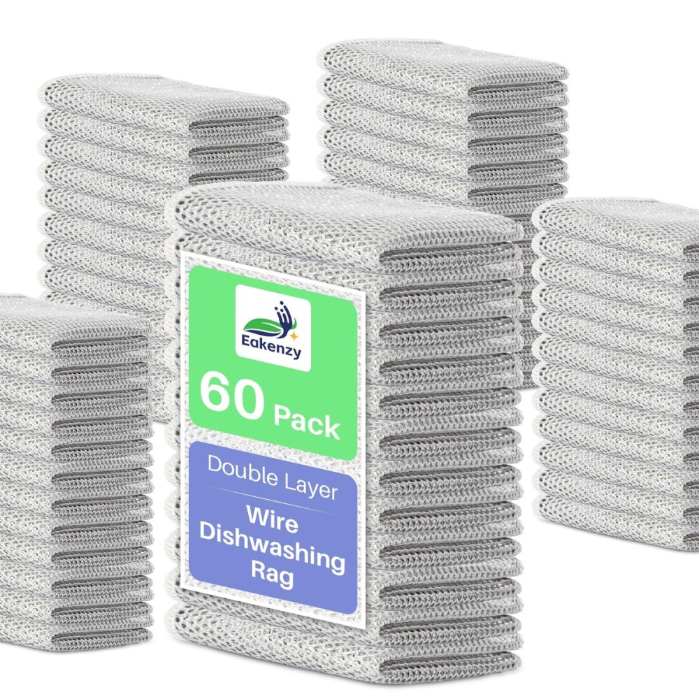 Eakenzy Non Scratch Wire Dishcloth, Multipurpose Wire Dishwashing Rag for Wet and Dry, Steel Cloth for Washing Dishes, Rust Removal Cleaning Cloth Kitchen, No Odor, Double Layer, 60 Pack