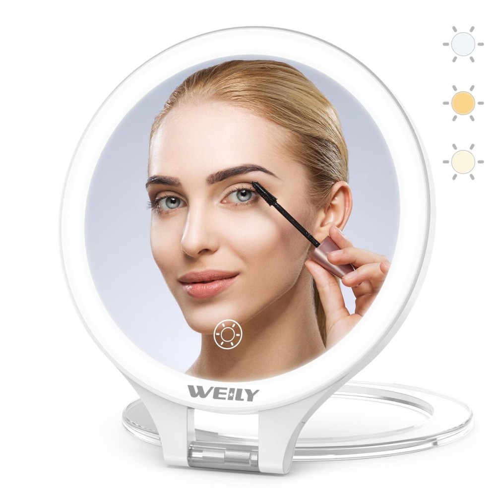 WEILY Magnifying Mirror with Light, 10X/1X Magnification Double-Sided Travel Makeup Mirror, with 3 Color Lights, Touch Control, Rechargeable Portable Mirrors for Bedroom, Bathroom (White)