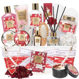Christmas Gifts for Women - 19-Piece Luxury Rose & Cherry Blossom Spa Gift Basket Set Bath and Body Gift Sets Care Kit with Necklace | Valentine\'s Day, Mothers Day Gifts Baskets for Mom, Wife