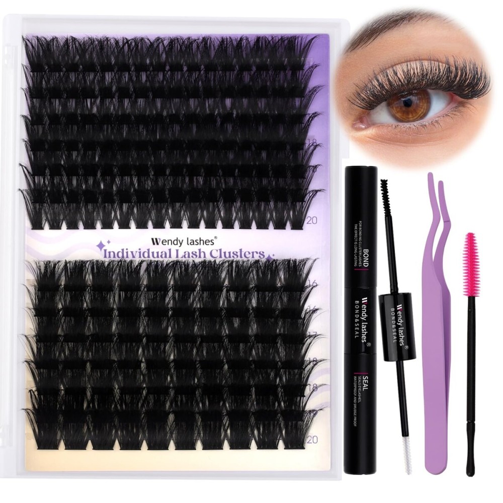 Lash Clusters Kit for Using at Home: Ultra-light, DIY, Natural, Fluffy, Wispy, Waterproof, Anime, Manga, Cat Eye, D Curl, 16-20mm, 100P+200P, Wendy, RT318
