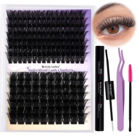 Lash Clusters Kit for Using at Home: Ultra-light, DIY, Natural, Fluffy, Wispy, Waterproof, Anime, Manga, Cat Eye, D Curl, 16-20mm, 100P+200P, Wendy, RT318