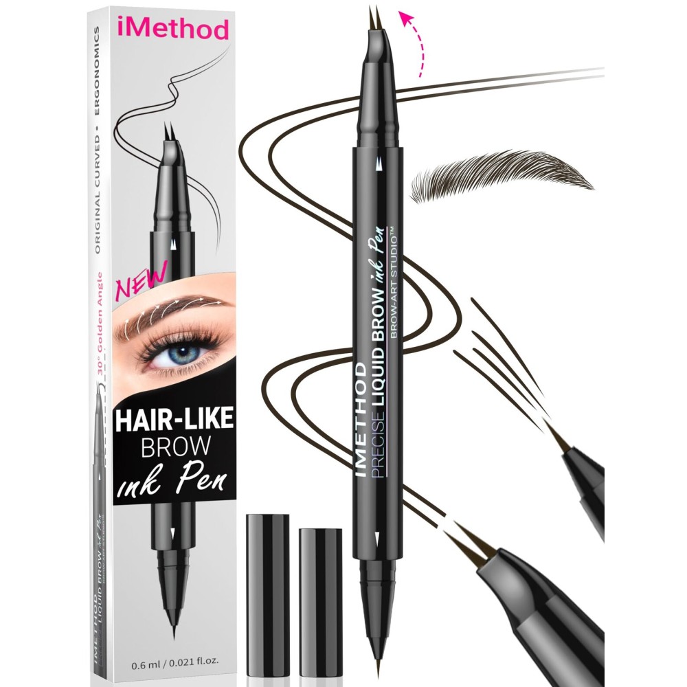 iMethod Curved Eyebrow Pen - Eyebrow Pencil, Brow Pencil 2-in-1 Dual-Ended Microblading Eyebrow Pen with Micro-Fork-Tip and Precise Brush-Tip Create Natural Hair-Like Brows, Last All-Day, Black Brown