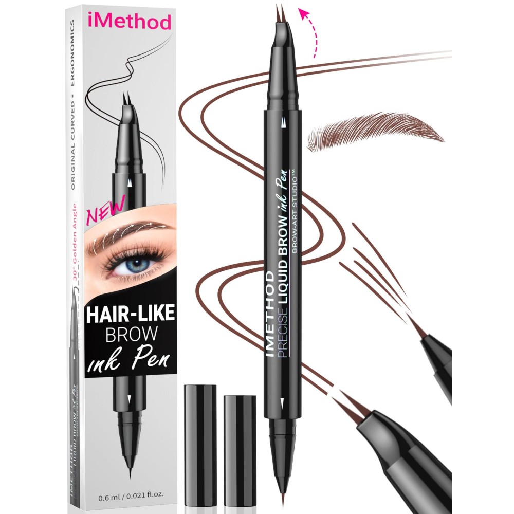 iMethod Curved Eyebrow Pen - Eyebrow Pencil, Brow Pencil 2-in-1 Dual-Ended Microblading Eyebrow Pen with Micro-Fork-Tip & Precise Brush-Tip Create Natural Hair-Like Brows, Last All-Day, Reddish Brown