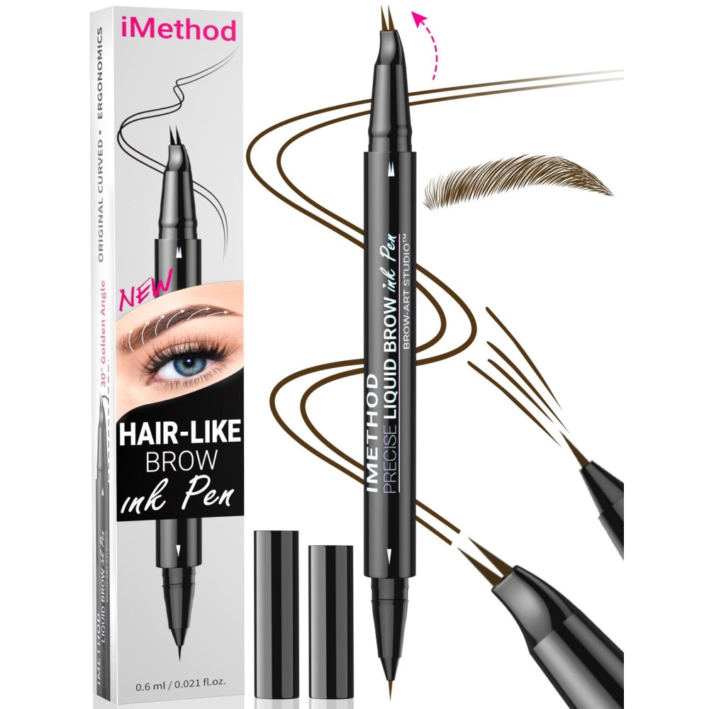 iMethod Curved Eyebrow Pen - Eyebrow Pencil, Brow Pencil 2-in-1 Dual-Ended Microblading Eyebrow Pen with Micro-Fork-Tip and Precise Brush-Tip Create Natural Hair-Like Brows, Last All-Day, Dark Brown