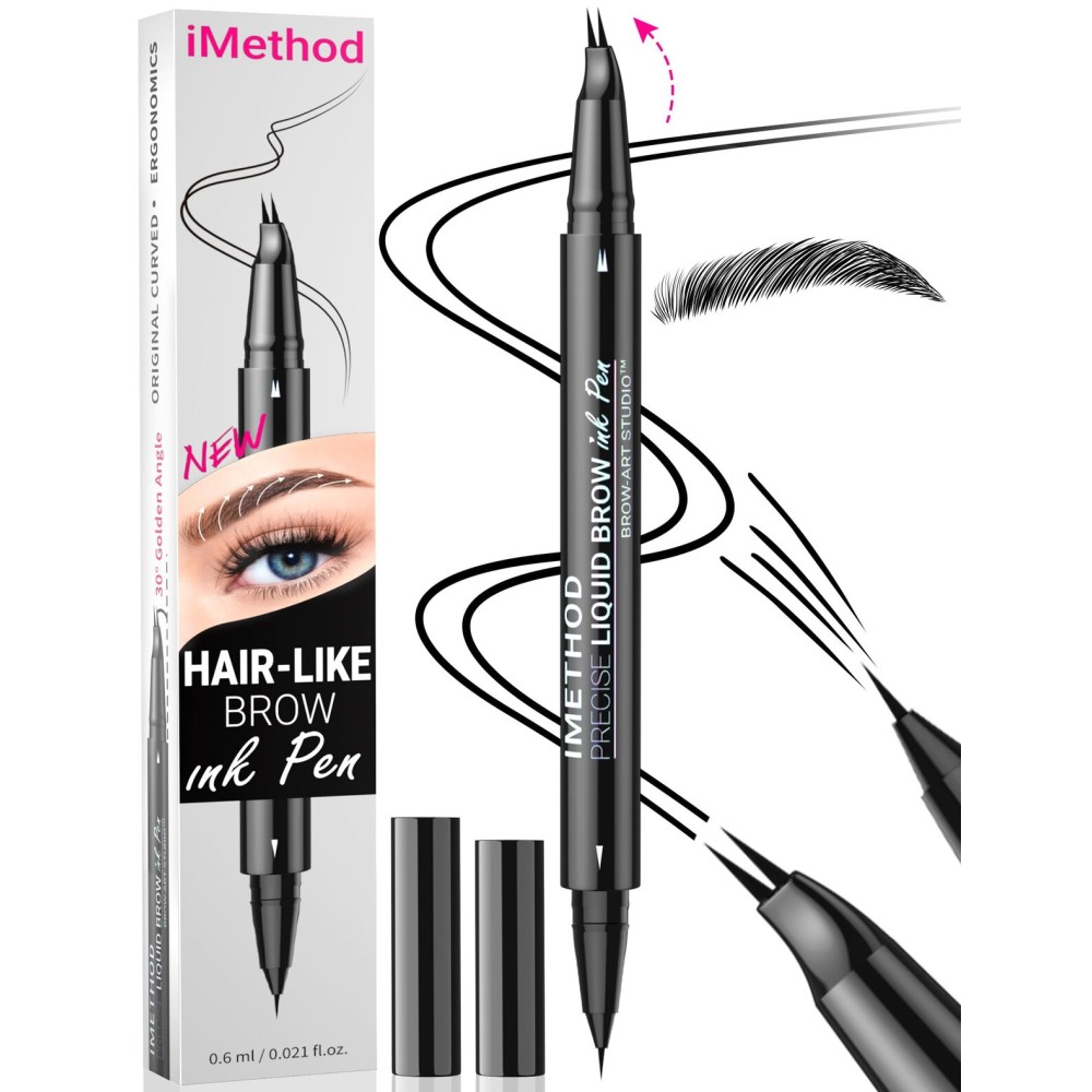 iMethod Curved Eyebrow Pen - Eyebrow Pencil, Brow Pencil 2-in-1 Dual-Ended Microblading Eyebrow Pen with Micro-Fork-Tip and Precise Brush-Tip Create Natural Hair-Like Brows, Last All-Day, Black