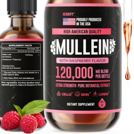 HERBIFY Mullein Drops - Lung Cleanse - Leaf Extract - Powerful Mullein for Immune Support, Detox & Respiratory Support - Made in USA - 4 Oz Raspberry Flavor