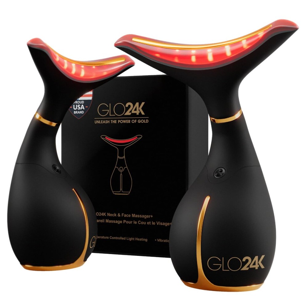 GLO24K Red Light Beauty Device for Face & Neck - 2-Pack, 3-in-1 Facial and Neck Massager with Triple LED & Vibration Technology