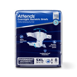 Attends Bariatric Incontinence Disposable Briefs, 5X-Large, Up to 115 Waist with Tab Closures, Ultimate Absorbency, Dry-Lock Containment Core and ConfidenceCuff Leakage Protection, 8ct Bag
