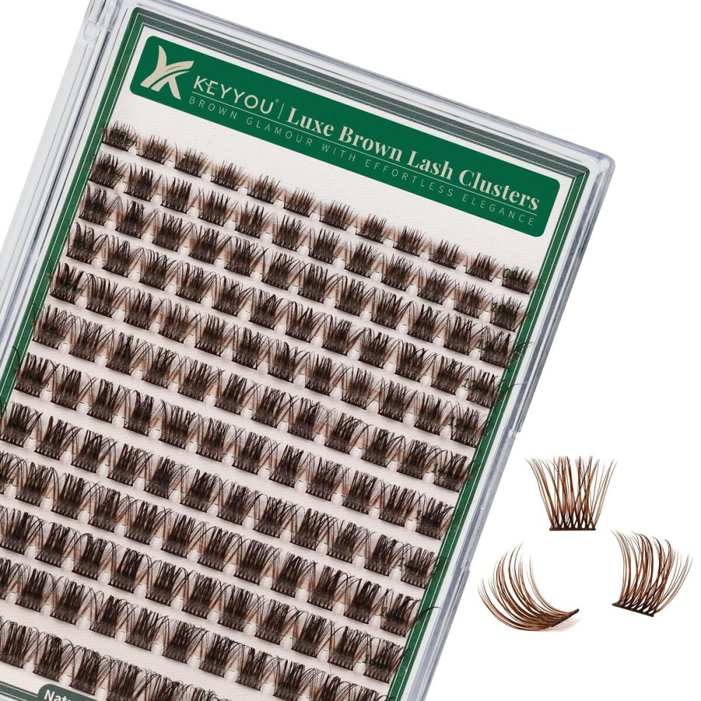 KEYYOU Brown Lash Clusters 144pcs Eyelash Clusters 8-18MIX D Curl Cluster Lashes Soft Wispy Lash Clusters Natural Look Brown DIY Lash Extension At Home(Brown01-D-8-18MIX)