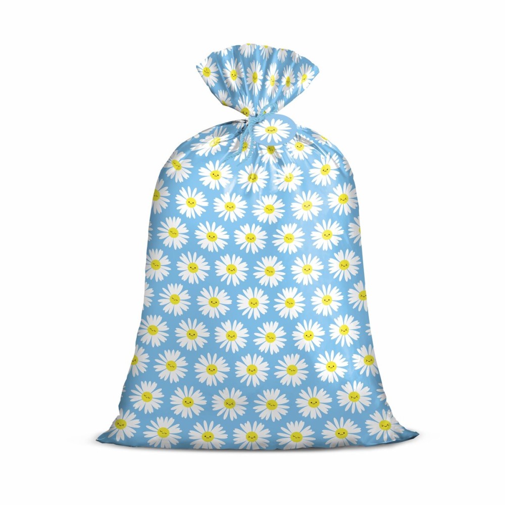 Loveinside Jumbo Large Plastic Gift Bag, Floral Design Plastic Bag with Tag and Tie for Birthday, Mother\'s Day, Wedding - 56 x 36, 1 Pcs - Light Blue Smiley Daisy