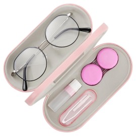 MoKo Double Eyeglass Case, Contact Lens Case with Mirror Tweezers Remover, 2 in 1 Double Sided Portable Contact Lens Box Holder Container Soak Storage Kit Sunglasses Pouch for Men & Women, Pink