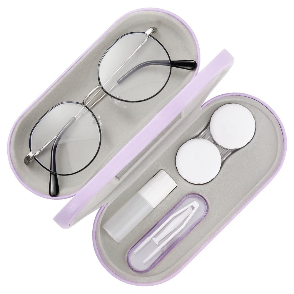 MoKo Double Eyeglass Case, Contact Lens Case with Mirror Tweezers Remover, 2 in 1 Double Sided Portable Contact Lens Box Holder Container Soak Storage Kit Sunglasses Pouch for Men & Women, Lilac