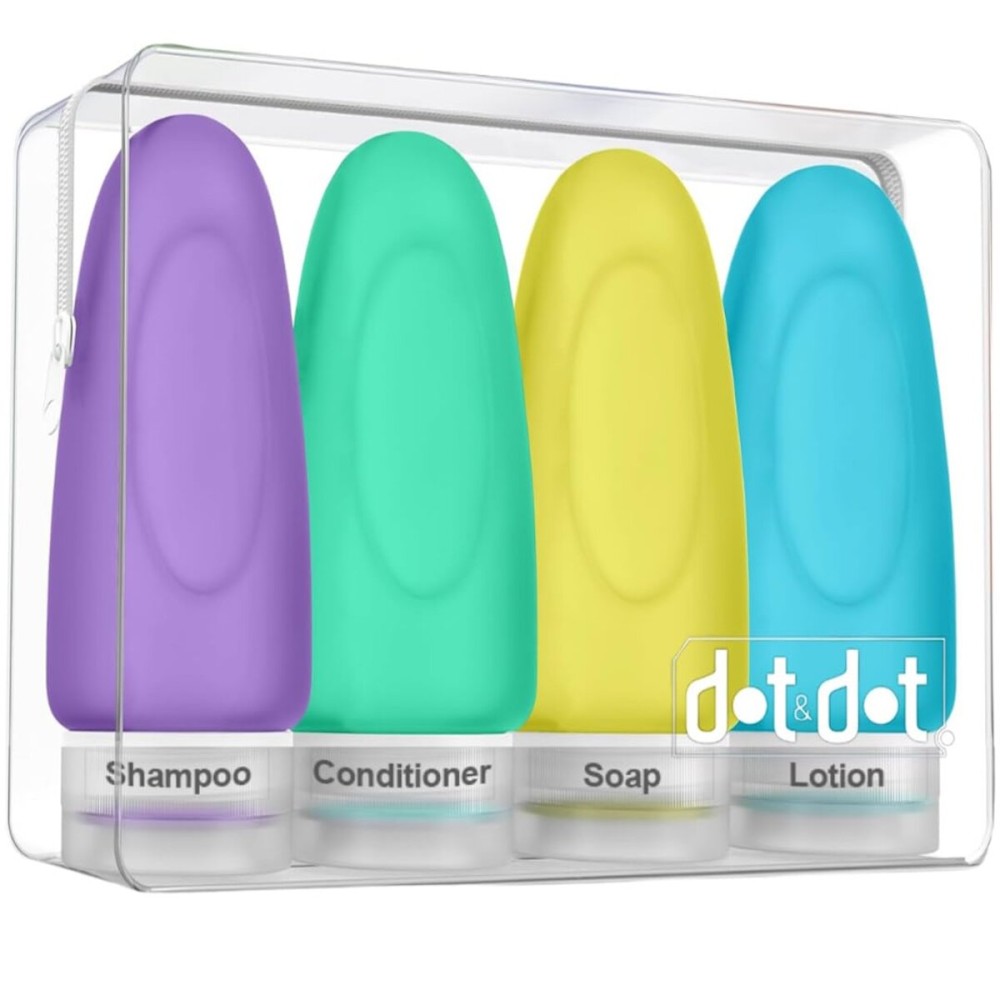 Dot&Dot Leak Proof TSA Approved Travel Bottles for Toiletries - 3oz Shampoo and Conditioner Travel Size Containers - Silicone With Labels