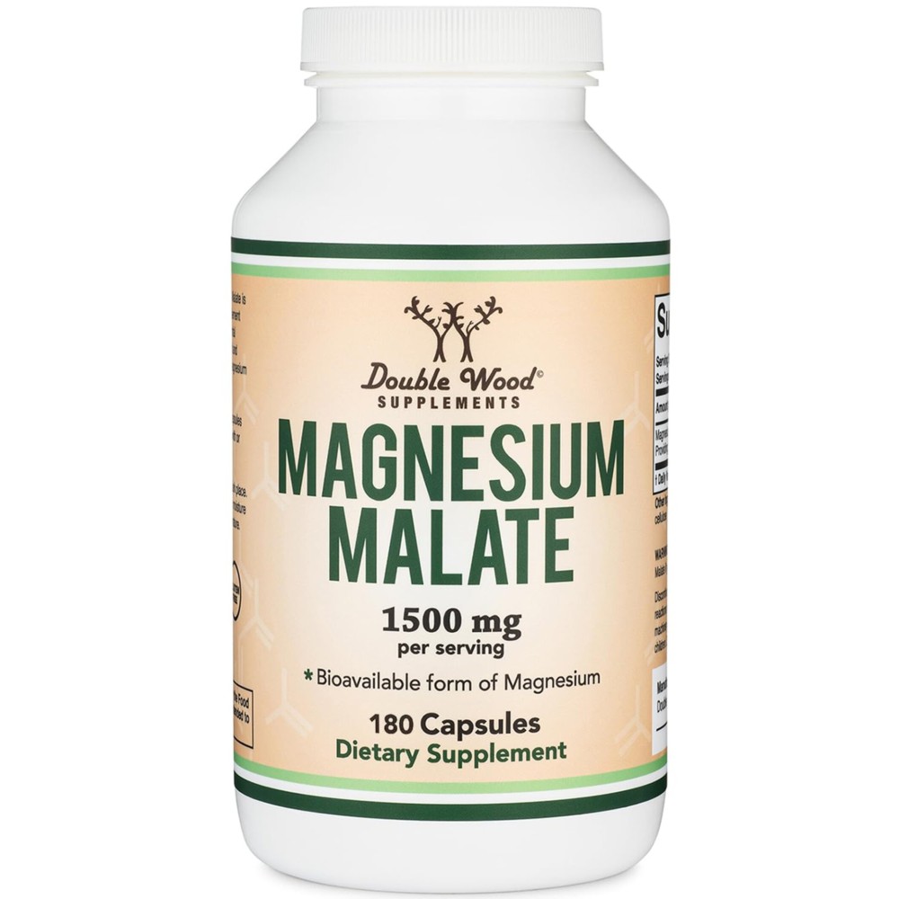Magnesium Malate Capsules (180 Count) - 1,500mg Per Serving (Magnesium Bonded to Malic Acid), Third Party Tested, Vegan Friendly, Gluten Free by Double Wood Supplements