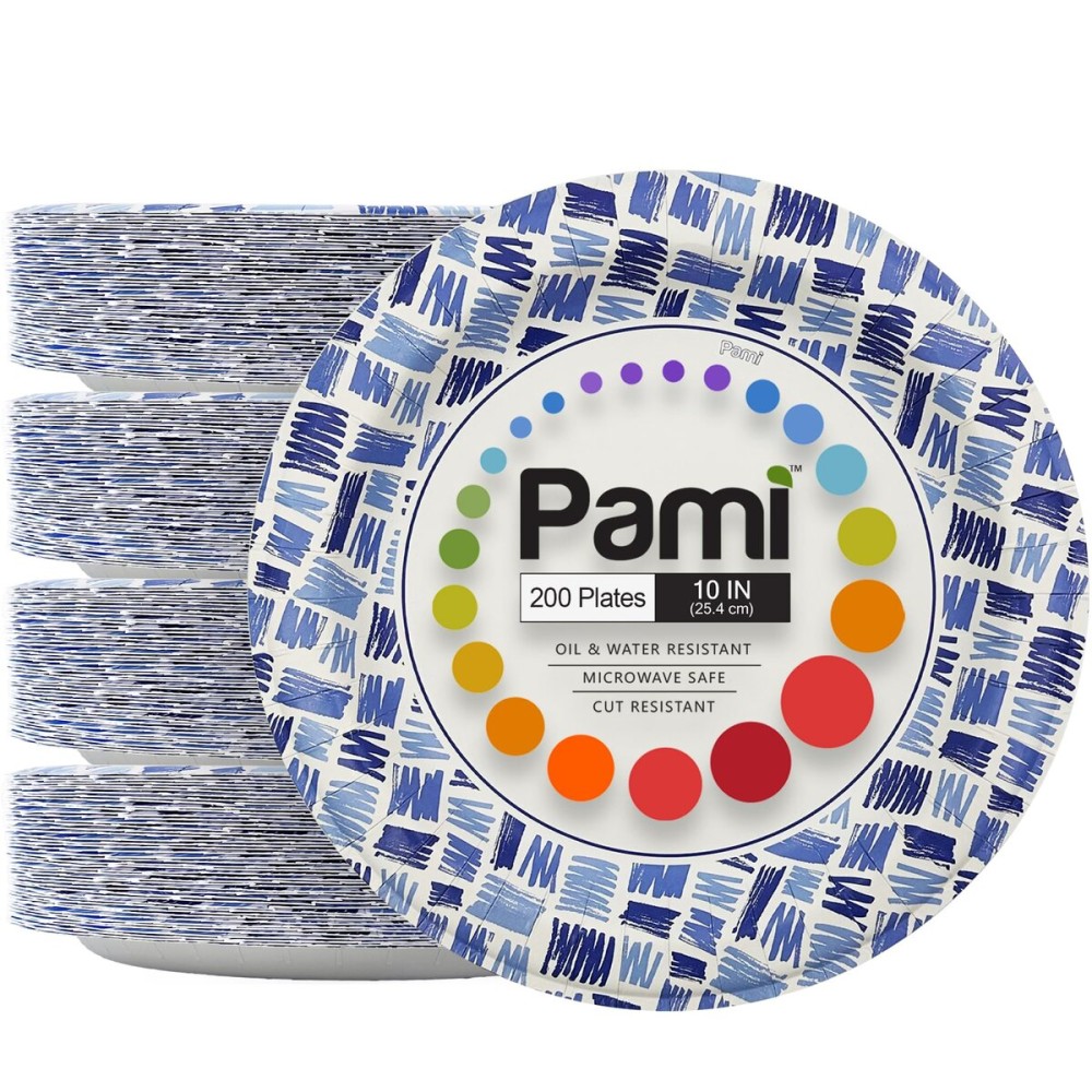 PAMI Heavy-Duty Large Disposable Microwave-Safe Paper Dishes, Oil Water Cut Resistant, Sturdy Uncoated (10 Inch Plate 200 Blue)