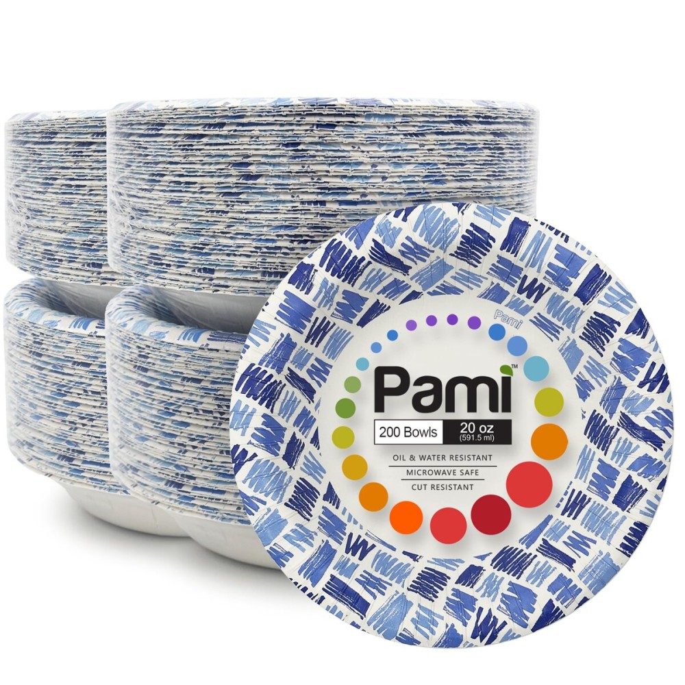 PAMI 20oz Heavy Duty Blue Paper Bowls for Soup, 200 Pack Disposable Microwave-Safe, Oil, Water & Cut Resistant