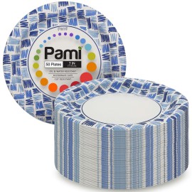 PAMI Heavy-Duty Disposable Small Round Paper Dishes | Microwave-Safe, Oil, Water & Cut Resistant (7 Inch Plate 50 Blue)