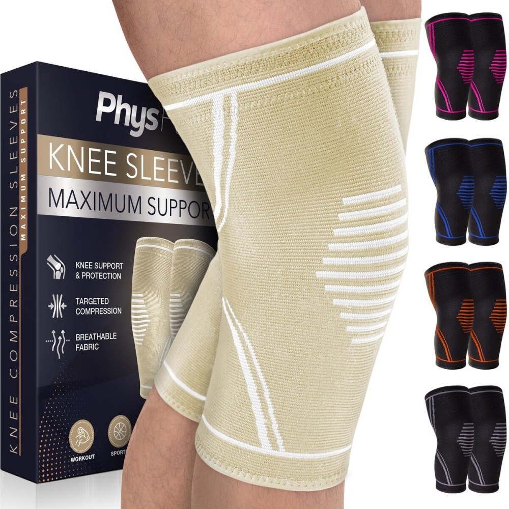 PhysFlex Knee Brace for Pain Relief - 2 Pack Knee Compression Sleeves for Men and Women - Support for Weightlifting, Gym, Workout, Volleyball - Meniscus Tear, ACL, Arthritis (Beige, Large)
