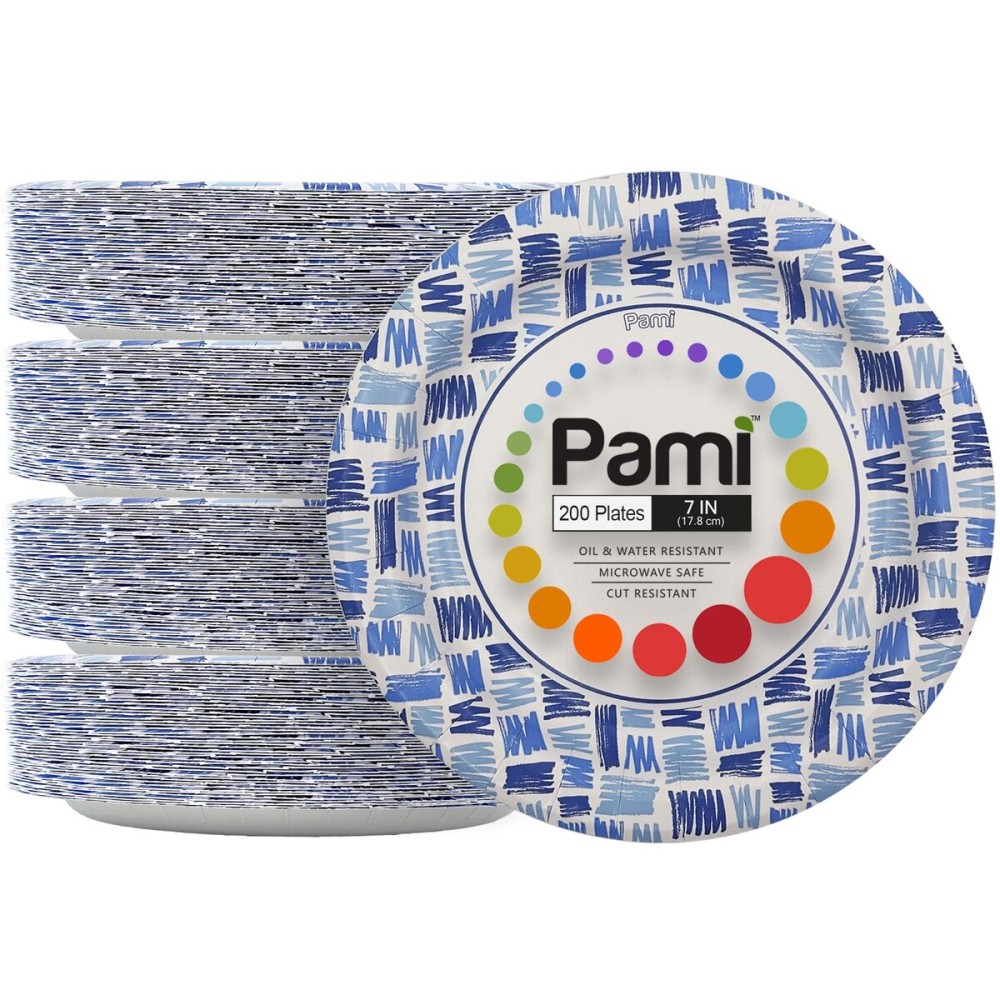 PAMI Heavy-Duty Disposable Small Round Paper Dinnerware, Microwave-Safe, Cut, Oil & Water Resistant, Unique Design (7 Inch Plate 200 Blue)