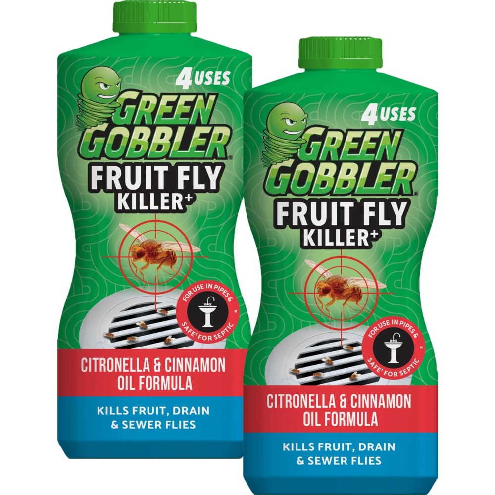 Green Gobbler Fruit Fly Killer+ - Kills Fruit Flies, Drain Flies & Sewer Flies, Gel Treatment for Use in Sinks & Pipes - Safe for Septic Systems, 32oz - Up to 8 USES (2 Pack)