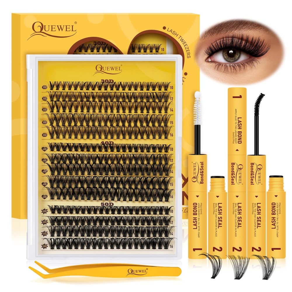 QUEWEL Lash-Clusters-Kit, 30+40+50D-Lash-Clusters Mixed 10-16mm Soft DIY-Lash-Extension-Kit with Lash Bond and Seal Waterproof, and Eyelash Clusters Tweezers Easy DIY at Home(30+40+50 KIT)