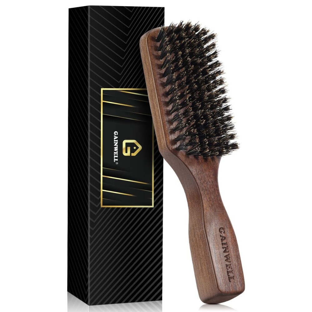 Wild Boar Bristle Hair Brush for Men - Slick Back Hair Brush - Stiff Boar Bristles for Thick Hair, Natural Black Walnut Wooden Handle Hairbrush, Beard Mustache Brush by GAINWELL