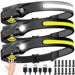 Headlamp Rechargeable 3PCS, 230 Wide Beam Head Lamp LED with Motion Sensor for Adults - Camping Accessories Gear, Waterproof Head Light Flashlight for Hiking, Running, Repairing, Fishing, Cycling